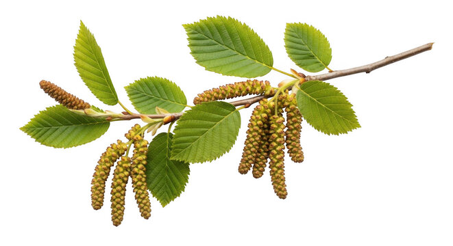 Alder catkins with fresh green leaves on a branch during spring isolated on transparent background
