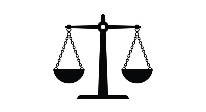 Scales of justice depicted as a black silhouette against a white background symbolizing balance and fairness law legal