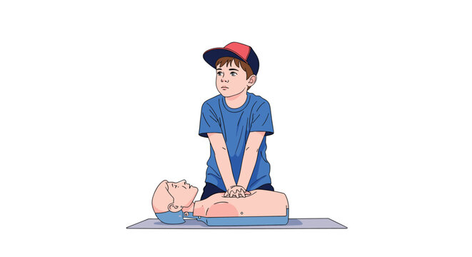 Young boy wearing a casual blue shirt and red baseball cap practices life saving cpr techniques on a medical training mannequin.