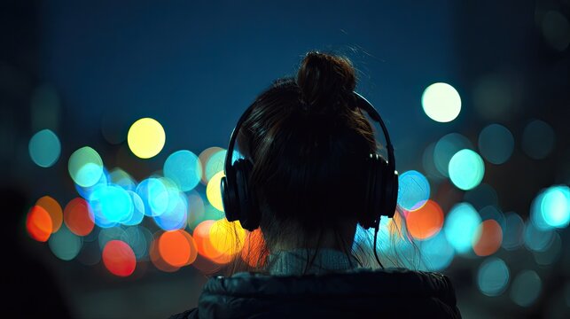 Woman with headphones listening to music at night amidst blurred city lights