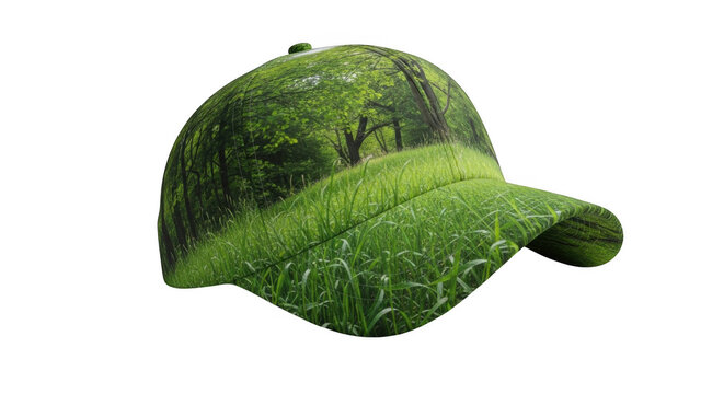 Baseball cap with a lush forest scene pattern during golden hour isolated on transparent background