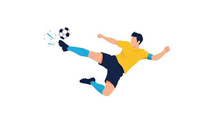 Fototapeta premium A soccer player executing a powerful side-on volley kick with the ball in mid-air, capturing the exact moment of impact. Minimalist flat vector artwork, clipart style, absolute solid block