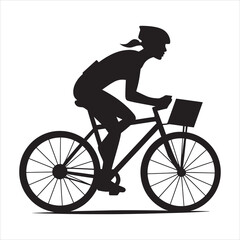 Obraz premium A Young Women Cyclist Black Silhouette Bike Bold Lines White Background Vector, silhouette of a girl with a bicycle
