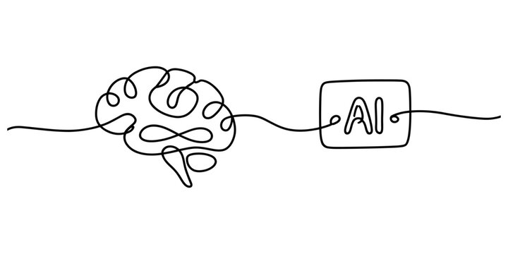 Continuous single line drawing of human brain connected to artificial intelligence box concept