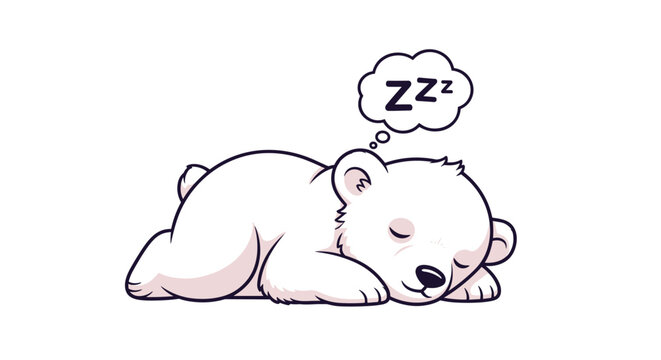 Peaceful little baby polar bear sleeps soundly on its stomach with a small thought bubble containing a zzz snoring symbol.