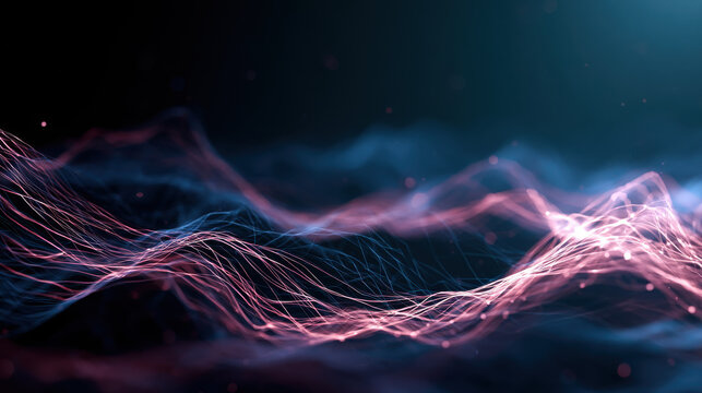 Fiber optic strands vibrate in a rhythmic pattern of soft pink and blue light.