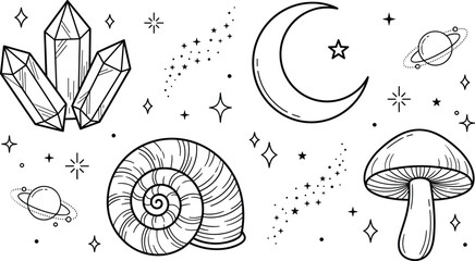 Mystical line art vector icons featuring celestial moon, magic crystals, seashell, and mushroom elements. © Sabbir Studio