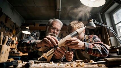 Naklejka premium Senior craftsman teaching young apprentice woodworking in a rustic workshop with warm moody lighting