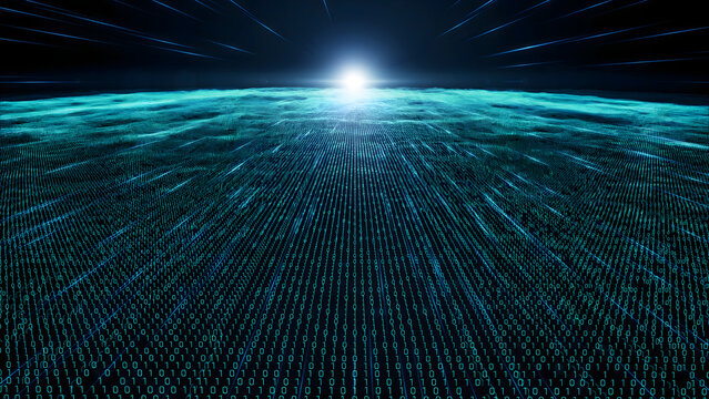 Digital landscape with binary code streams and glowing light horizon representing data flow in a dark blue virtual cyberspace environment