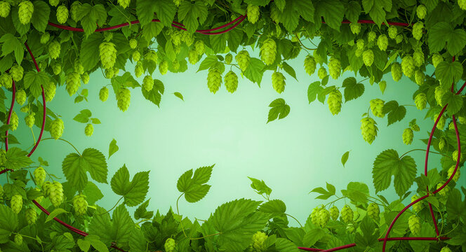 Fresh green hops and leaves framing a light green background. Vibrant Humulus lupulus plant cones and foliage for brewing. Beer ingredient concept, ideal for craft brewery marketing and branding.