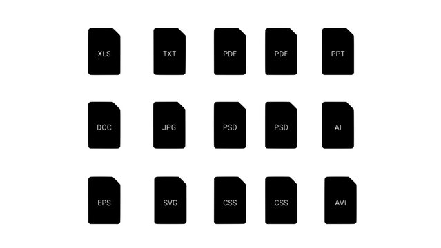 File Icon Grid with Document Formats Like Xls, Txt, Pdf, Ppt, Doc, Jpg, Psd, Svg, Css and Avi Symbols