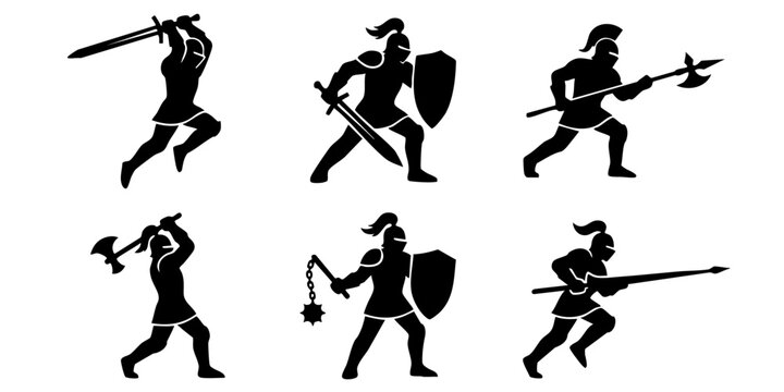 Medieval warriors engage in battle with various weapons outdoors in combat.