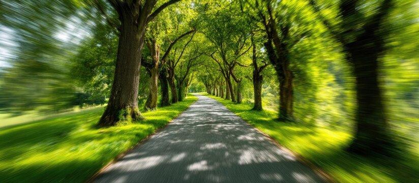 Tree-lined road with motion blur effect, vibrant green foliage