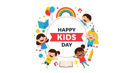 Fototapeta premium Diverse group of children celebrating happy kids day around a circular banner with school supplies and icons.
