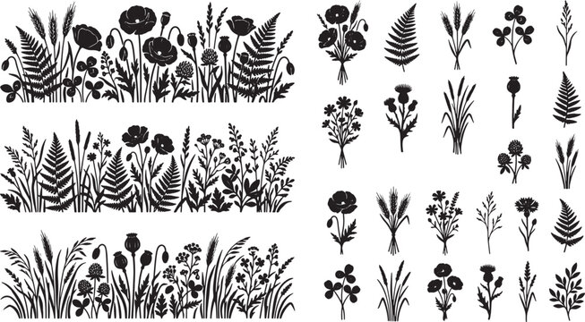 Wildflower and meadow grass silhouettes set with floral borders and individual botanical elements in vector format