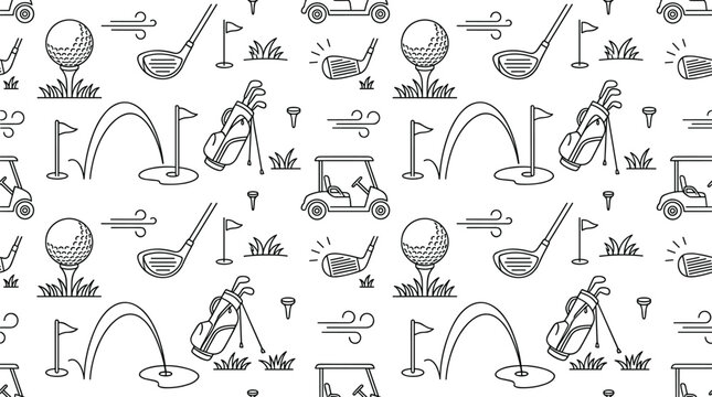 Golf seamless pattern line art vector backdrop with clubs balls bags carts flags tees and grass isolated on white background