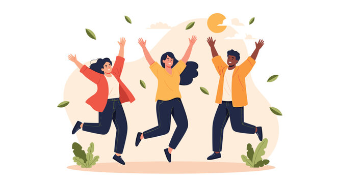 Three diverse young adults jumping for joy with their hands raised as autumn leaves fall around them in the sun.