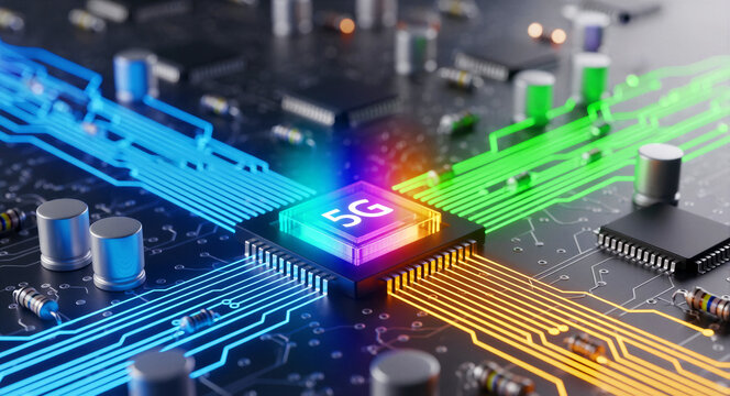 Glowing 5G processor on a motherboard with colorful data paths. High-speed mobile networking hardware and semiconductor technology. Connectivity concept for telecommunications and tech marketing.