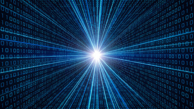 Digital technology background, with binary code, numbers and glowing, blue light rays, radiating from the, center creating a, tunnel perspective
