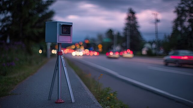 Speed camera set up on a tripod by a road at dusk with traffic lights