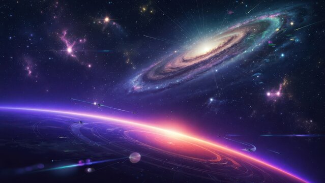 A view of a distant spiraling galaxy shining brightly over the horizon of a luminous celestial world where fast traveling starships blaze trails across the vast darkness of deep interstellar grav