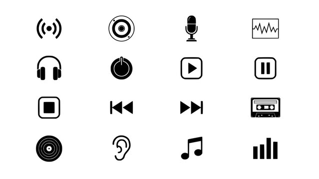 Icons Representing Sound and Audio Equipment in Black and White Featuring Icon, Music, Headphones with Microphone and Speaker