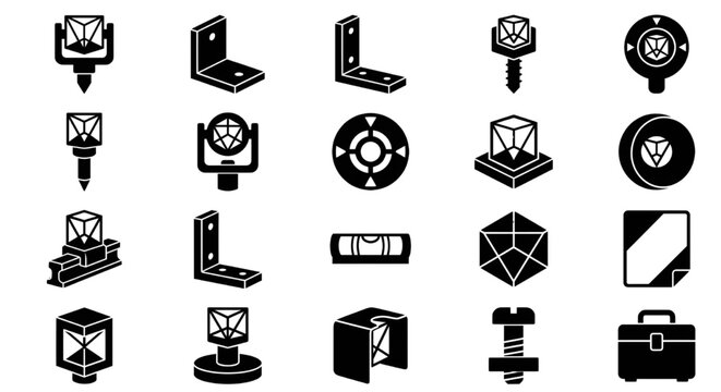 Surveying Prism and Topography Target Icon Set Silhouette, Surveying prisms, corner reflectors, optical targets, and leveling tools used in land surveying.
