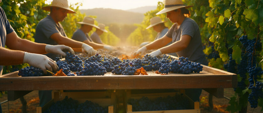 Workers sorting fresh purple grapes on a wooden table in a sunny vineyard. Agricultural team wearing hats and protective gloves during autumn harvest. Viticulture industry and winemaking concept.