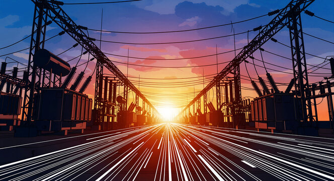 Substation at sunset with glowing light trails. Power pylons silhouetted against a vibrant twilight sky. Energy infrastructure concept, ideal for utility branding and grid technology marketing.