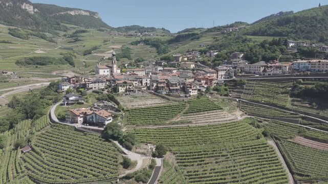 Aerial View of Charming Italian Hill Town Surrounded by Vineyards