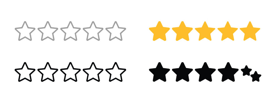Five Star Rating, review template with feedback symbols and transparent, outline, black, and gold star icons, vector illustration for quality ratings.