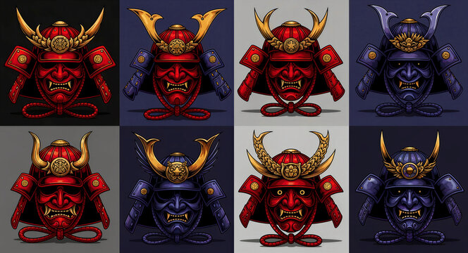 Samurai kabuto helmet and menpo mask collection set. Japanese warrior armor with ornate horns and fierce expressions. Bushido concept for gaming logos and apparel design.