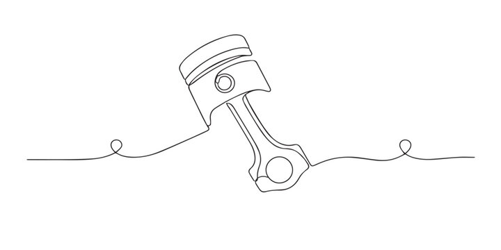 Single line abstract engine piston. Continuous line drawing of automotive piston for engine performance. Mechanical engineering theme. Technical illustration style. One line vector illustration.