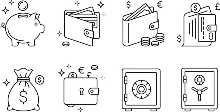 Financial savings piggy bank money wallet capital investment and bank safe deposit vault box line art icon set for commerce,