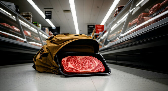 Packaged raw steak in a backpack on a supermarket floor. Shoplifting scene showing retail theft of food items. Loss prevention concept for retail security and social issue campaigns.