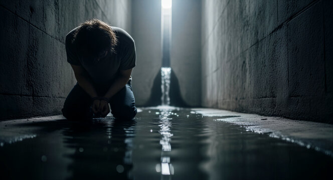 Man kneeling with bound hands in dark concrete tunnel. Dramatic lighting highlights captive figure in wet underground. Despair and isolation concepts for cinematic storytelling or social campaigns.