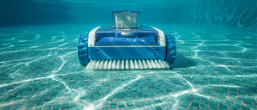 Automatic robotic cleaner scrubbing tiled pool floor underwater. Smart maintenance device filters water efficiently. Modern pool care technology for residential service and hygiene.
