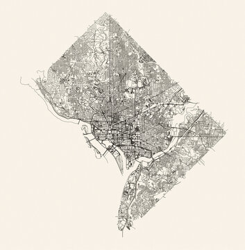 City street map of Washington, D.C., USA, in black and light beige. High resolution full frame minimalist poster style road map or urban street plan of Washington. Vintage look.