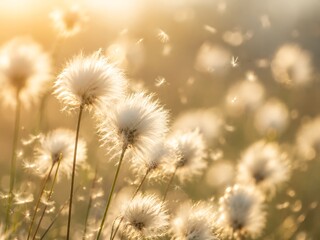 Obraz premium Golden hour sunlight illuminates fluffy cotton grass seed heads in a field