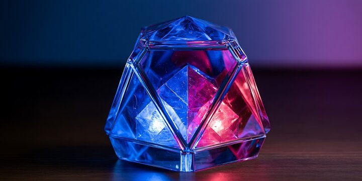 Cyberfuturistic transparent glass cube element and liquid acrylic red purple blue glow on black backdrop cinematic tech background design cover art visuals 3d rendering