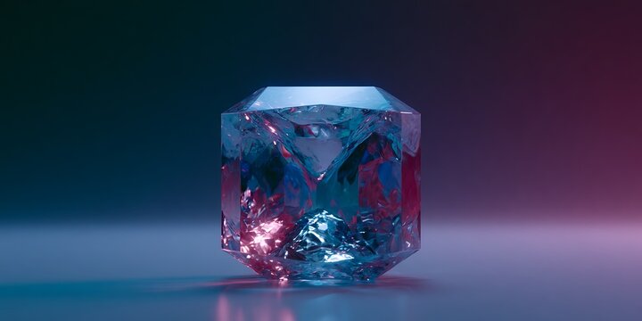 Cyberfuturistic transparent glass cube element and liquid acrylic red purple blue glow on black backdrop cinematic tech background design cover art visuals 3d rendering