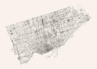 Obraz premium City street map of Toronto, Canada, in black and light beige. High resolution full frame minimalist poster style road map or urban street plan of Toronto. Vintage look.