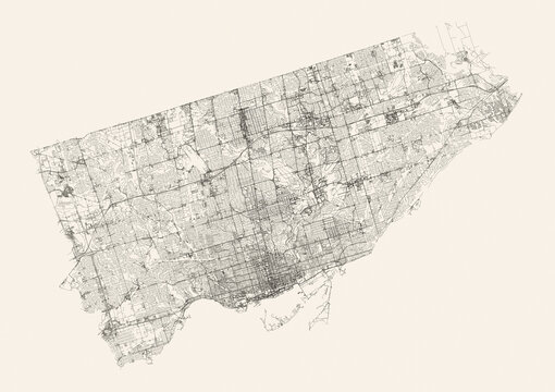 City street map of Toronto, Canada, in black and light beige. High resolution full frame minimalist poster style road map or urban street plan of Toronto. Vintage look.