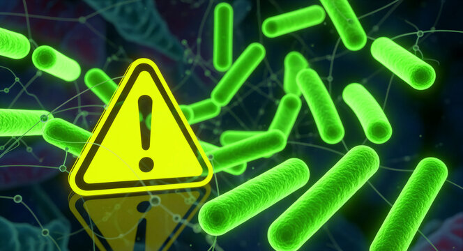 Glowing green bacteria floating near a yellow warning sign. Microscopic view of bacilli pathogens representing a health alert. Biohazard concept for medical research and disease safety campaigns.