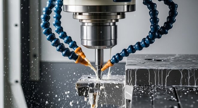 Industrial CNC milling machine with coolant spraying during metal cutting operation