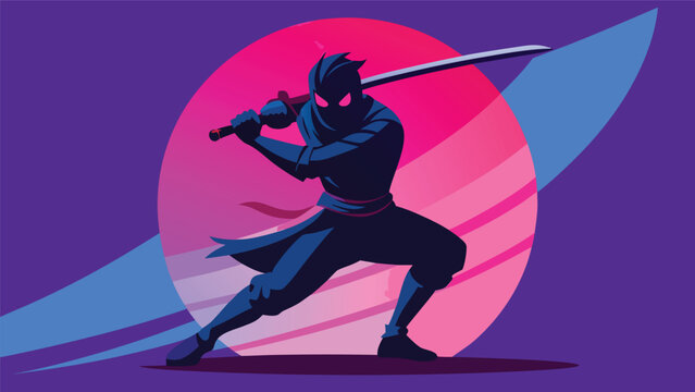 Silhouette ninja warrior with katana sword in dynamic pose against abstract planet and vibrant purple background