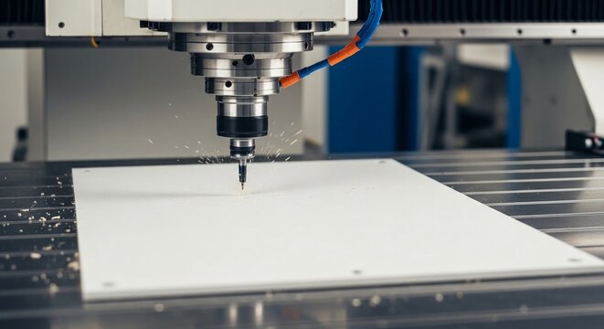 Precision CNC milling machine engraving a surface with a rotating tool in a manufacturing environment