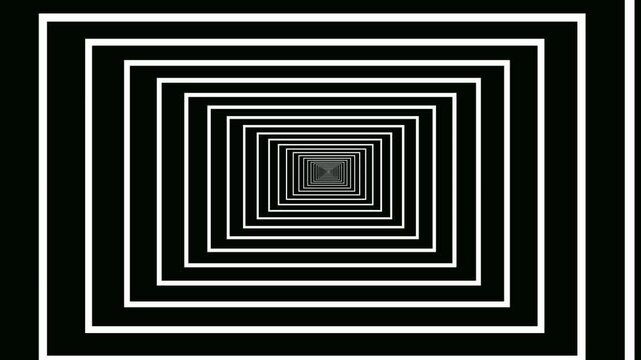 abstract geometric square tunnel animation with looping white line frames creating infinite perspective optical illusion on black background seamless motion graphic