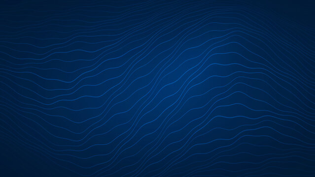Abstract and dynamic wavy blue lines on dark blue background. Striped topographic vector landscape. Background for poster, web banner, template, brochure etc. with copy space. 8k resolution.