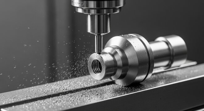 Precision Metal Machining Process Showing a CNC Tool Creating a Threaded Component